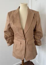 Image of Cinq a Sept Louisa Jean Jacket Blazer Tailored Ruched Sleeve Tan Career NWT 8