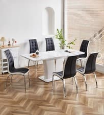 Image of Dining Table Set Extending Grey/White Marble Effect Glass 6 Faux Leather Chairs