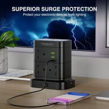 Image of 7 Way Tower Extension Lead With 4 USB Surge Protected UK Plug Socket 2M