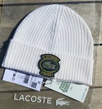 Image of Unisex Genuine LACOSTE White Ribbed WOOL BEANIE LOGO Cuff Hat RB8464 Lac4