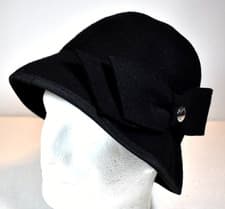 Image of Calvin Klein NWOT Black Wool Cloche Bucket Hat w/ Bow & Silver Button Accent