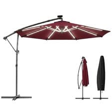 Image of Outsunny 3 m Garden Cantilever Parasol with Solar Light, Rotation, Wine Red