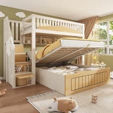Image of Triple Sleeper Bunk Bed 4ft6 Double & 3ft Single Wooden Bed w/ Hydraulic Storage