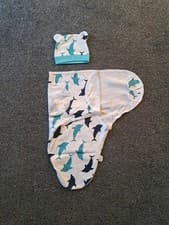 Image of Blue Dolphin Patterned Unisex Baby Swaddle and Hat Matching Set | Brand New