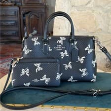 Image of Coach Georgia Satchel Bow Print Crossbody Bag+Double Zip Wallet Set Black Multi