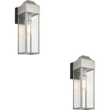 Image of 2 PACK IP44 Outdoor Wall Light Aged Pewter Rectangle Glass Lantern Porch Lamp