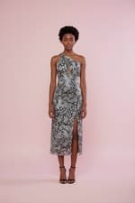 Image of Chi Chi London One Shoulder  Printed Glitter Midi Dress In Silver-12
