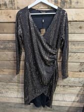 Image of BIBA Ladies Gold Sequin Faux Wrap Ruched Side Party Dress, Size M - BNWT
