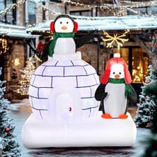 Image of 5ft Lighted Christmas Inflatable Two Penguins w/ Ice House in Garden Outdoor