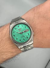Image of Vintage Seiko 5 Automatic Watch Sea Green Sunburst Arabic Dial 7009 Movement