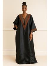 Image of Long Mikado Silk Gown With Aso Oke Patch V Neck Line With Slit And Side Pockets