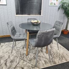 Image of Dining Table Set Of 4 Round Grey Dining Table And 4 Grey Velvet Tufted Chairs