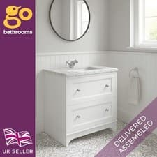 Image of White Bathroom Vanity Unit with Marble Top Sink 2 Drawer Storage Classic 650mm