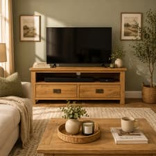 Image of Oak TV Unit with 2 Drawers – Oakcroft Rustic Large Media Stand Assembled