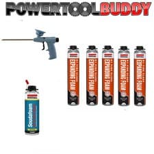 Image of Soudal PU B1 Fire & Acoustic Expanding Foam Kit 5 x 750ML, Gun & Cleaner 500ML