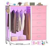 Image of 2 in 1 Chest of Drawers,5 Fabric Drawers Dresser LED Lights & Usb Charging Pink