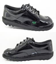 Image of New KICKERS Kick Lo Black Leather Shoes Patent Girls Boys School Lace Sale 12-6
