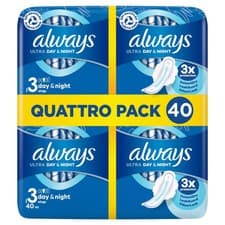 Image of Always Ultra Day & Night Sanitary Pads (Size 3) with Wings - Pack of 40 Pads