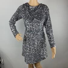 Image of Angel Biba Womens 12 Silver Sequin Long Sleeve Dress NWT Holiday Cocktail Party