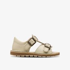 Image of Clarks Girls Playsun Toddler Off White Leather Flat Sandals Leather Casual