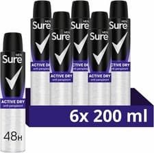 Image of Sure Men Active Dry Anti-perspirant Deodorant Aerosol 48H Protection, 6 X 200ML