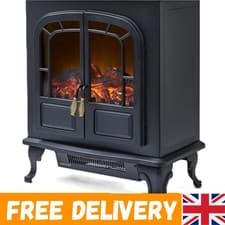 Image of Stylish Black Log Effect Electric Stove with Adjustable Thermostat & LED Flames