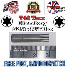Image of T40 TORX Replacement Bit 30mm Long Heavy Duty S2 Steel 1/4” Hex Drive *FREE POST