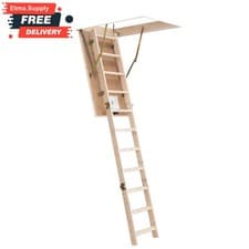 Image of Wood Loft Ladder With Insulated Trapdoor Hatch Folding Attic Wooden Timber Stair