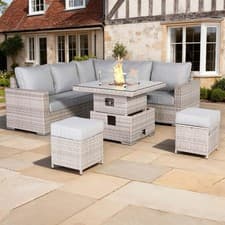 Image of Ashford Range Rattan Garden Furniture Corner Sofa Set With Rising Firepit Table