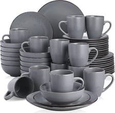 Image of 16/32/48 Pc Dinner Set Stoneware Crockery Deep Dining Plates Soup Bowl Mug Grey