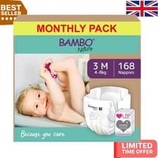 Image of Bambo Nature Size 3 Nappies, 168 Count - Enhanced Leakage Protection Guaranteed