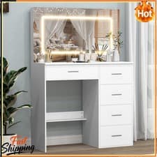 Image of White Makeup Desk Dressing Table With 5 Drawers Large Vanity Table LED Mirror