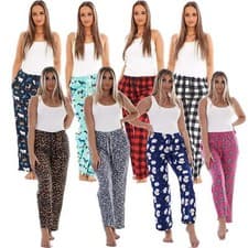 Image of Ladies 2 Pack Fleece Lounge Pyjama Pants Winter Animal Check Design Drawstring