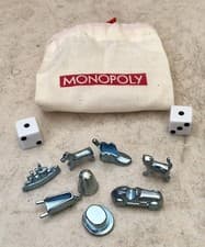 Image of 8 x METAL MONOPOLY CLASSIC METAL PLAYING PIECES / TOKENS PLUS 2 x DICE AND BAG
