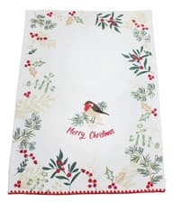 Image of Winter Hedgerow Merry Christmas Robin 100% Cotton Tea Towel - 50cm x 70cm