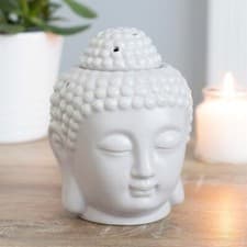 Image of Fun White Buddha Head Ceramic Oil Burner, 17.5 cm high. Gift Boxed.