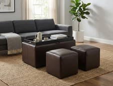 Image of Carey Storage Bench With 2 Side Ottomans,Brown Faux Leather -OT08ESBR