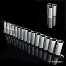 Image of 15PC 1/2" DRIVE HEAVY DUTY STEEL METRIC DEEP SOCKET SET 10mm-24mm + STORAGE RAIL
