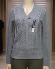 Image of Faded Glory Women's Cable V Neck Sweater Long Sleeve Gray Size S