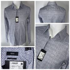Image of Hugo Boss Slim Fit Dress Shirt 14.5 33 White Blue Check Cotton Turkey NWT YGI S5