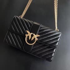 Image of NEW Pinko Fashion Bag Simple Black Gold Crossbody Shoulder Leather