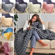 Image of Hand-woven Chunky Knitted Throw Blanket Thick Yarn Sofa Bedding Chair Knitted UK