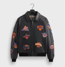 Image of Kith & AVIREX Leather Jacket New York Knicks Icon Patches Black Jacket All Sizes