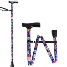 Image of NRS Folding Walking Stick Blue Floral Design Wooden Handle Lightweight Durable