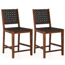 Image of Set of 2 Woven Bar Stools with Faux PU Leather Straps-Black