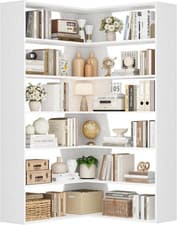 Image of Corner Bookcase 190cm 6 Tier L Shaped Shelves Space Saving Display White Wood