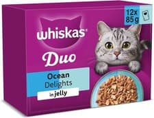 Image of 48 x 85g Whiskas 1+ Duo Ocean Delights Mixed Adult Wet Cat Food Pouches in Jelly