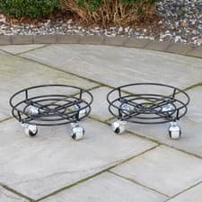 Image of 2 Pack of 32cm Black Metal Garden Flower Plant Pot Trolley on Castor Wheels