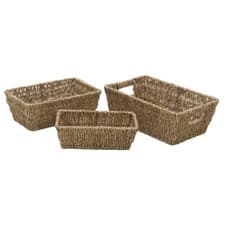Image of JVL Seagrass Hand Woven Set of 3 Rectangular Tapered Storage Baskets for Home