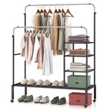Image of Rolling Clothes Rack Double Bars Height Adjustable Lockable Silver